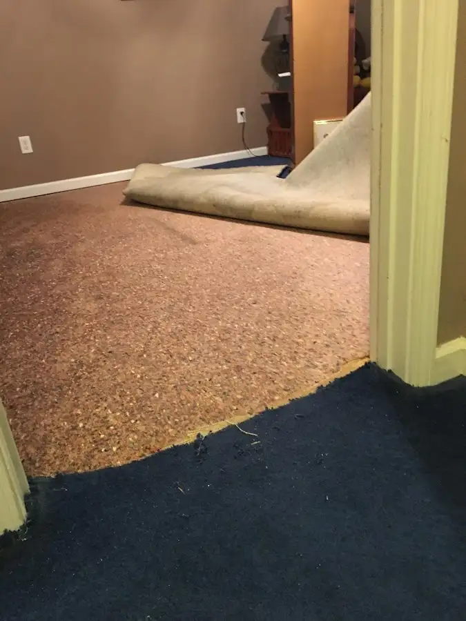 Carpet pad removal revealing water damage during Water Mitigation Services in Cedartown